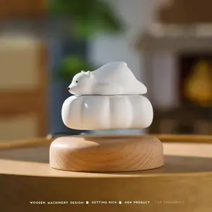 Magnetic levitation white cloud little polar bear flying solid wood carving trendy play ornaments high-end display stand healing gift