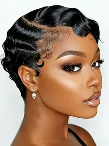 Lace Front Glueless Human Hair Finger Wave Pixie Wigs, 13x4 Short Bob Lace Wig, Side Part Wigs, 180% Density, Straight Hairstyle