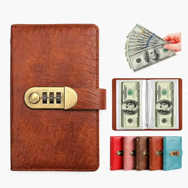 A6 PU Leather Binder Money Savings Book with 3-Digit Resettable Password Lock 100 Pockets Secure Durable Office Binder for Storing Money and Important Documents