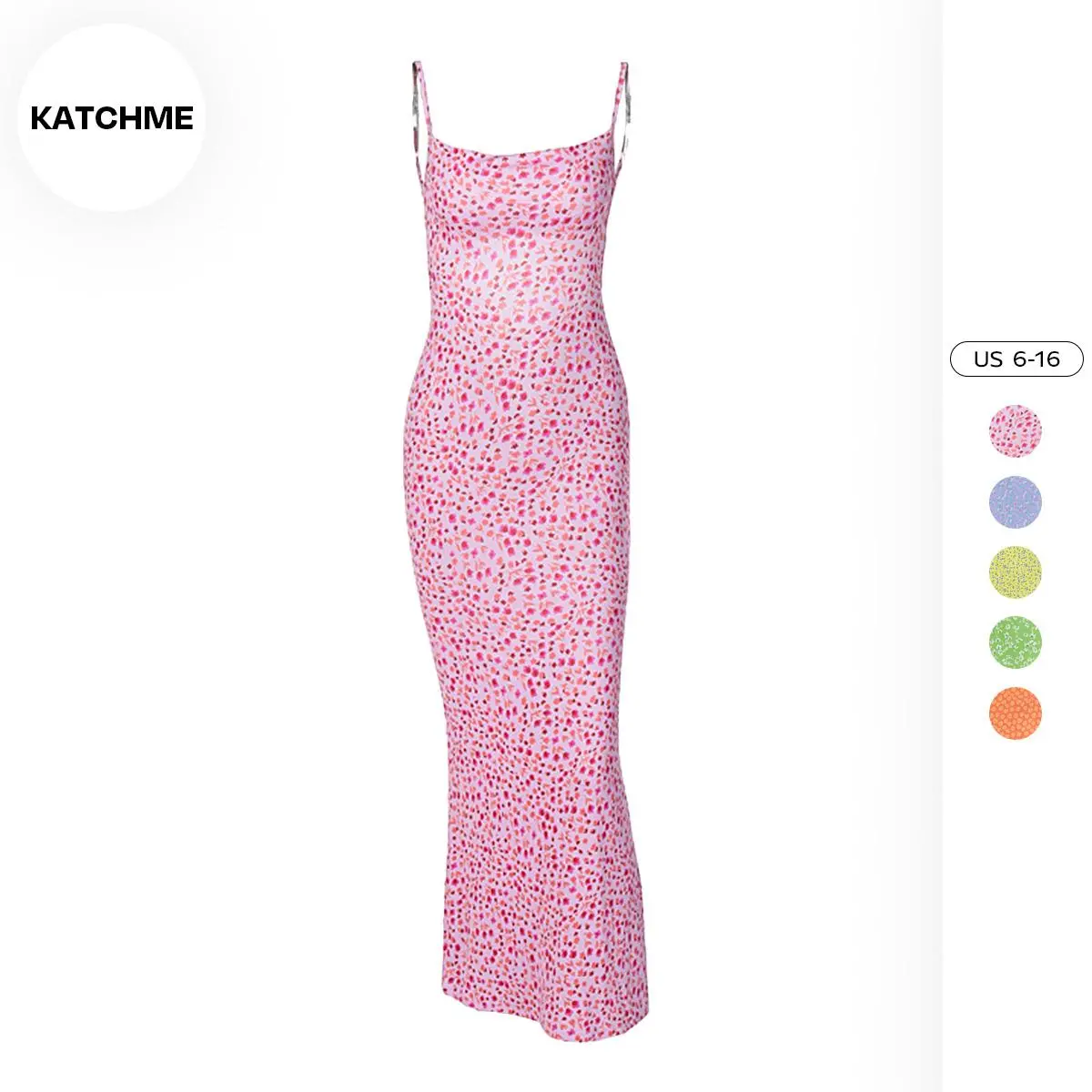 KatchMe Women's Beach Vacation Floral Print Low Back Slinky Dress, Breezy Backless Womenswear, Airy Summer Ladies Spaghetti Strap Maxi Dresses（US）