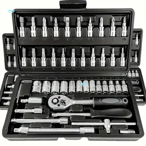 46pcs Carbon Steel Automotive Hand Tool Set - Metric Socket Sets, Quick-Release Ratchet Screwdriver, Hardware Toolbox, Automotive Tools for Auto Fix, DIY Projects, Ideal Gift for Husbands