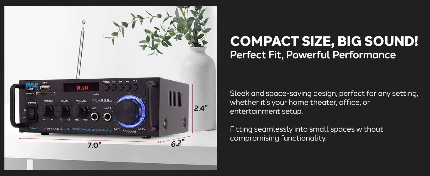Stereo Power Amplifier - Compact Mini Bluetooth Receiver with USB/SD/FM Playback, RCA Audio Input, Push-Type Speaker Terminals, Front Panel Rotary Controls, LED Display, Treble/Bass/Volume Adjustment - Remote Control Included Stereo Power Amplifier - Compact Mini Bluetooth Receiver with USB/SD/FM Playback, RCA Audio Input, Push-Type Speaker Terminals, Front Panel Rotary Controls, LED Display, Treble/Bass/Volume Adjustment - Remote Control Included