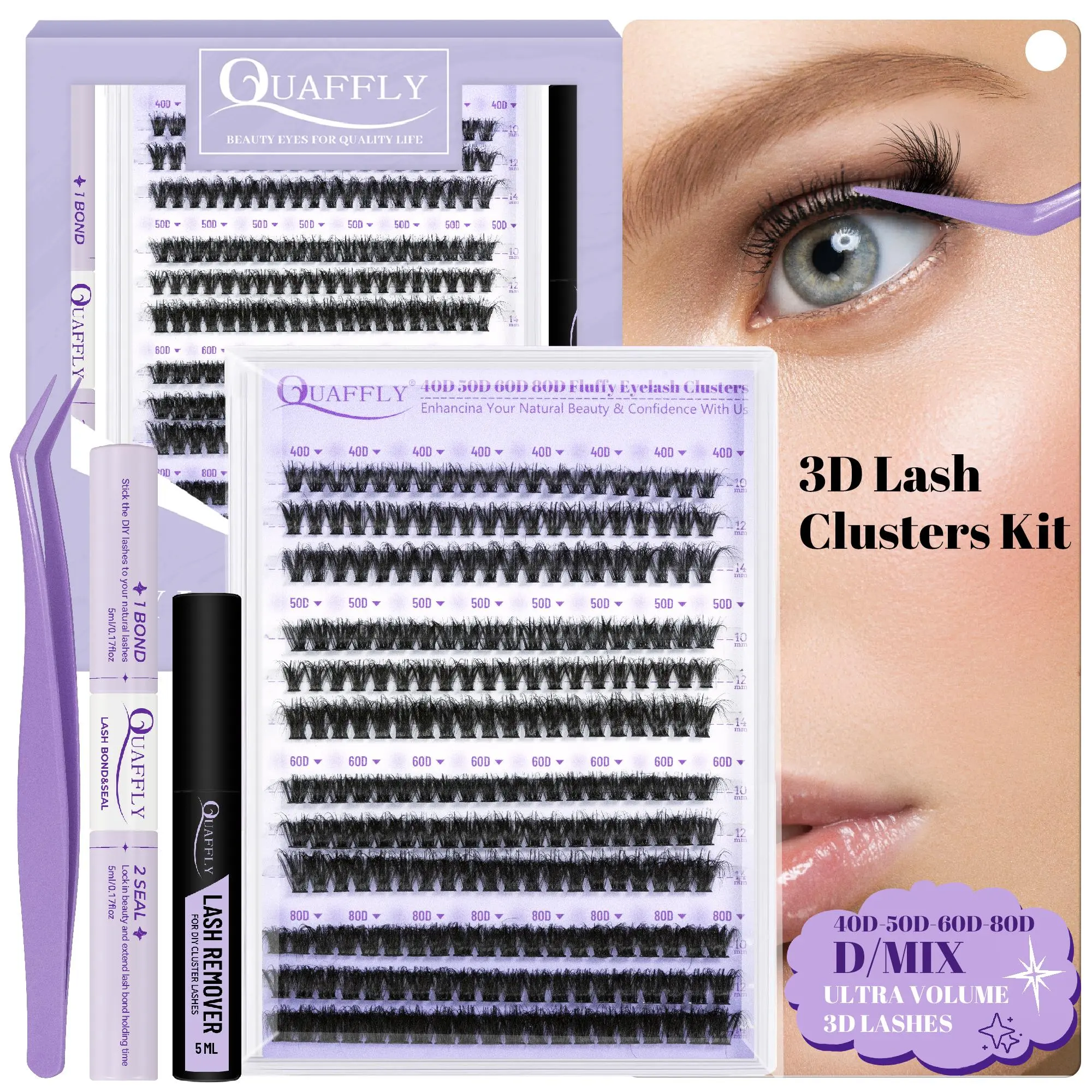 Eyelash Curler Kit, Natural 240pcs Eyelash Curler 10-14mm 40D 50D 60D 80D D Curling Long Eyelash Curler with Eyelash Bond and Seal Lash Remover Tweezers