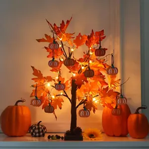 24-in 2FT Battery-Powered Lighted Maple Leaf Tree Fall Decor, 24 Warm White LED Fairy Lights, 12 Wooden Pumpkin Ornaments, Magical Farmhouse Halloween Thanksgiving Home Festive Decoration with Timer