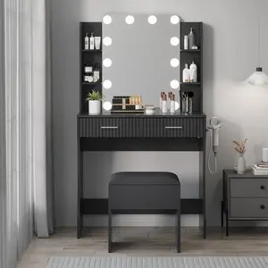 Garvee Makeup Vanity with Mirror and LED Lights, Vanity Desk with Power Outlet, 2 Drawers 6 Shelves, Hair Dryer Rack & Stool, Modern Dressing Table with Storage for Bedroom