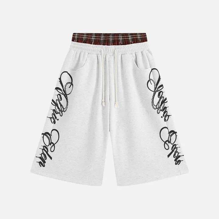 Aelfric Eden Double Waist Script Wide Leg Shorts Double Waist Contrast Design Symmetrical Script Print Oversized Wide Leg Fit Adjustable Drawstring Waist Heavyweight Soft Fabric Unisex Streetwear Shorts