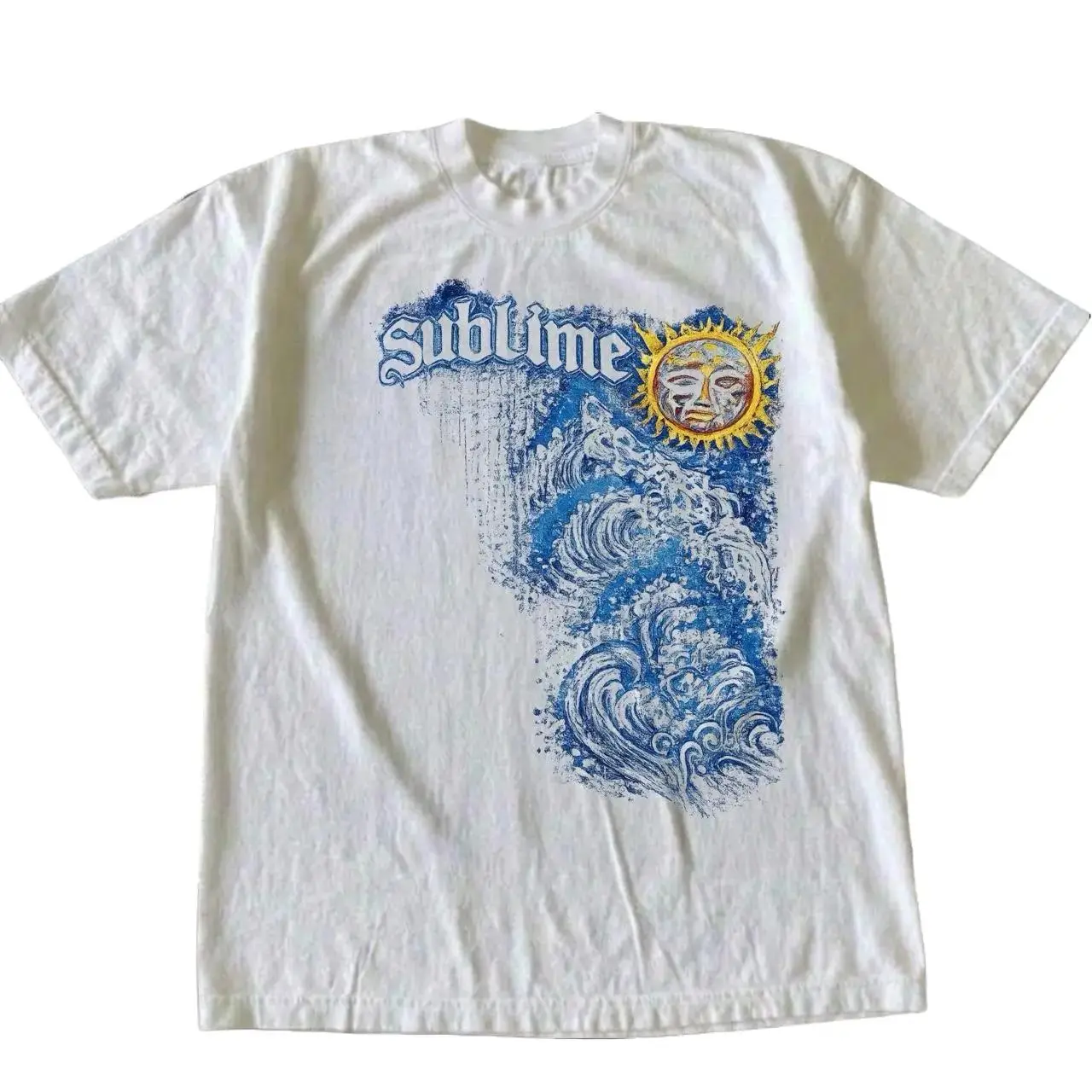 Retro Sublime California Surf Rock T-Shirt, Distressed Sun and Waves Band Tee, Unisex White Cotton Oversized Casual Streetwear Shirt