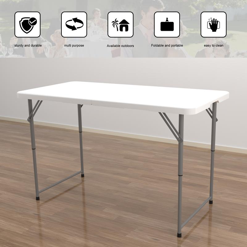 Wisdomfixtures 4FT Adjustable Height Heavy Duty Plastic Fold-in-Half Portable Folding Table with Carrying Handle for Camping and Party Use