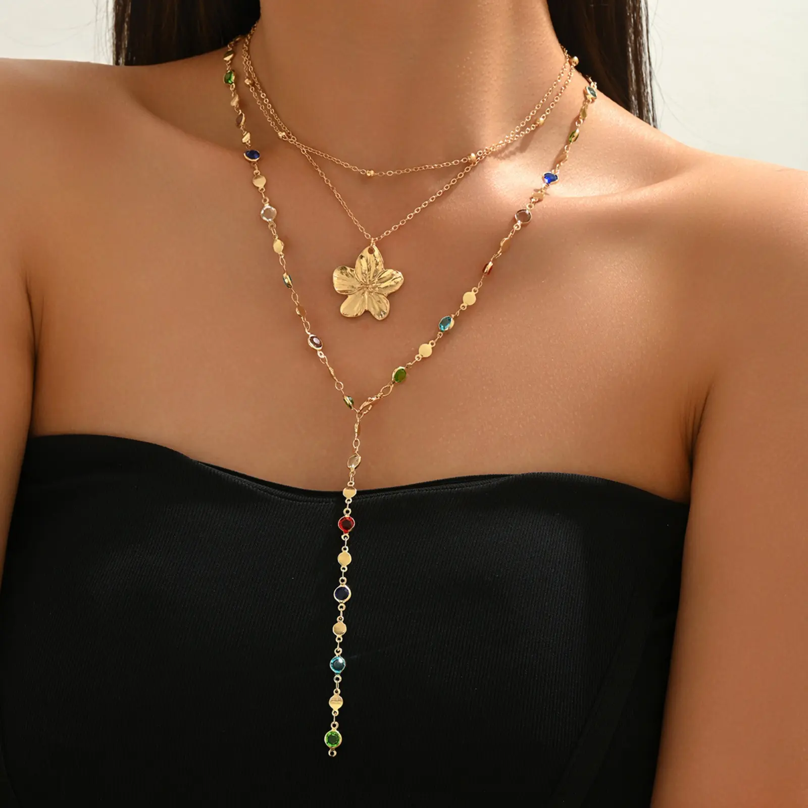 Women's Unique Geometric Multi-Layer Clavicular Necklace, Brightly Colored Gemstone Inlay, Colored Crystals/Crystal Stones Decorative Charm Clavicle Chain Neckwear, Brightly Colored Necklaces, Clavicular Necklaces
