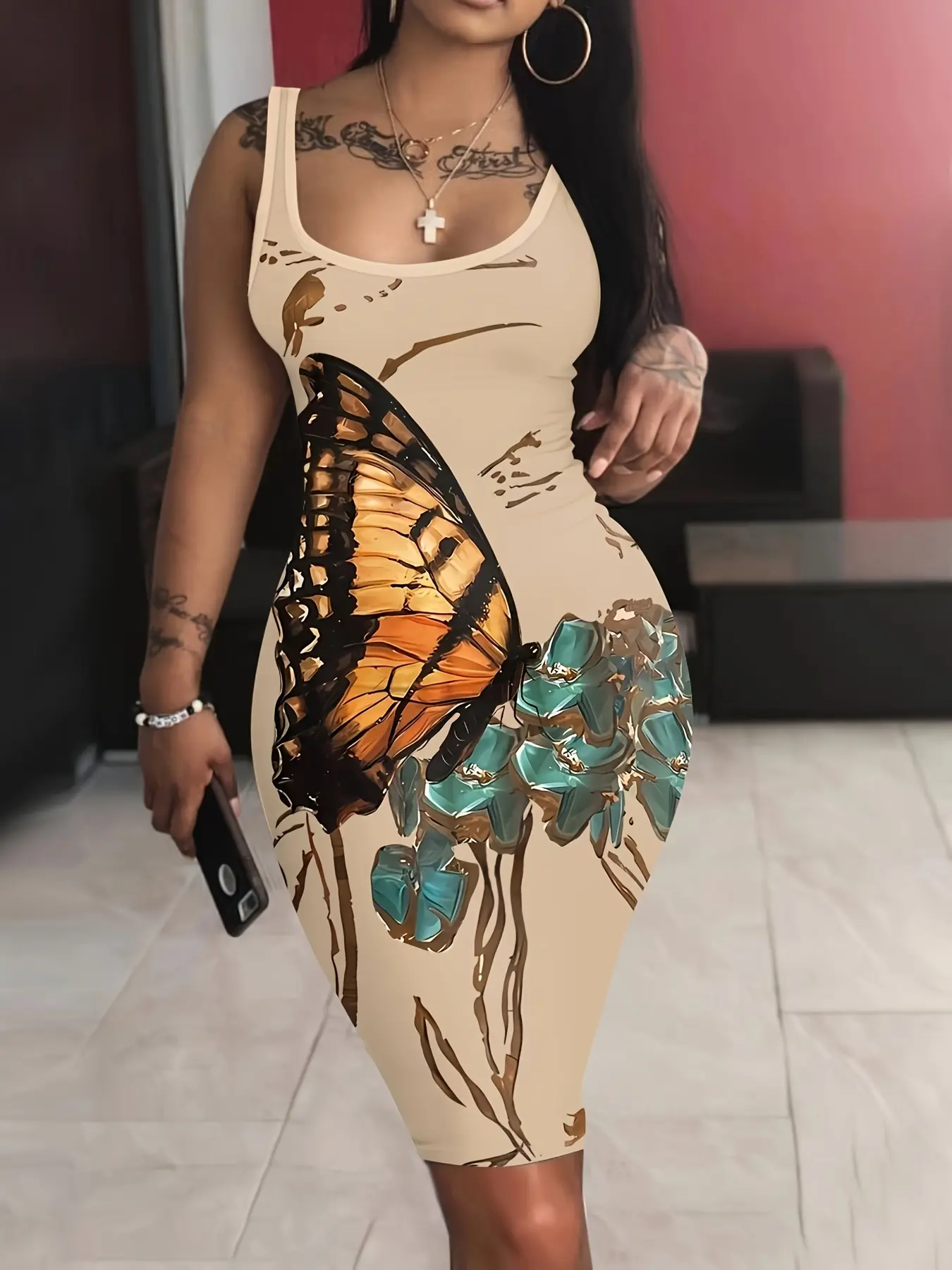 Women's Butterfly Floral Element Casual Vest Dress, Spring & Summer Fashion, Sleeveless U Neck Design, Short Length, Perfect for Daily Wear, Elegant Fitted Bodycon Dress