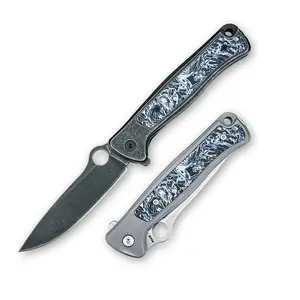 EDC Folding knives 3.42" M390 Stonewashed Drop Point Blade, Gray and Black Stainless Steel Handles with Polar Dark Matter Inlay