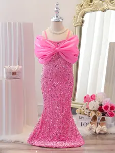 Girls' Elegant Off-Shoulder Sequin Dress, Backless Slim Fit Evening Gown, Contrast Lace Patchwork Design, Perfect for Parties