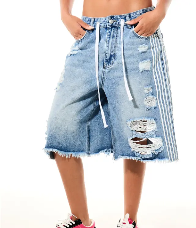 WOMEN Distressed Wide Leg Denim Jorts With Vertical Stripe Panel Detail Drawstring Waist Raw Hem Cut-Out Summer Casual Shorts