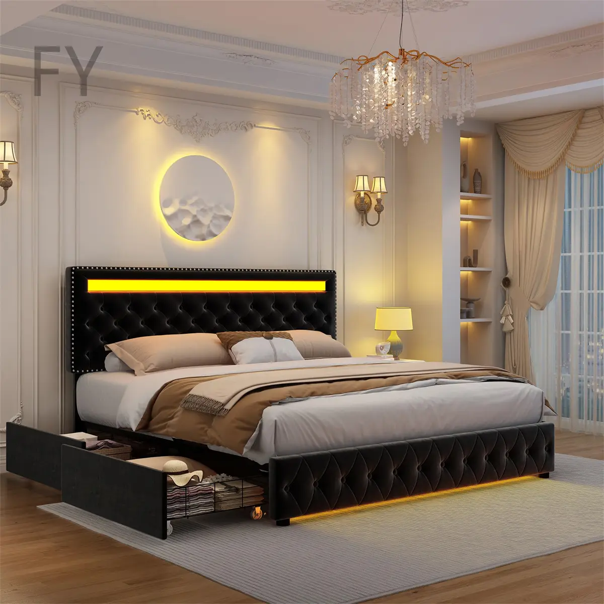 FY-HOT Selling,Queen Led Bed Frame with 4 Storage Drawers, Control DIY Color, Box Spring Optional, Smart Control LED Lights Headboard Footboard, PU Le