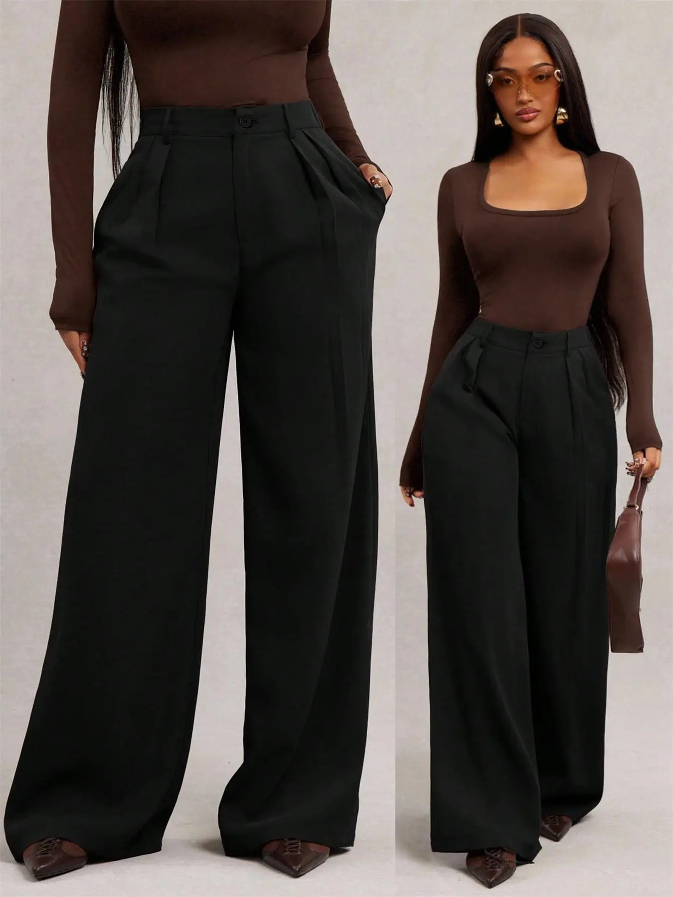 Women's Wide Loose Straight Leg Dress Pants Casual Solid Color Elastic Waist Suit Pants Elegant Trendy Pull on High Rise Business Commuting Office Trousers Work Formal Occasion Bottoms
