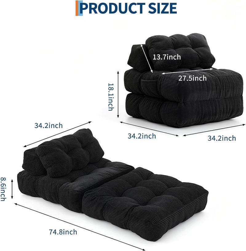 3-in-1 34" Folding Sofa Bed with Pillow Boneless Matress with Back Support, Comfy Portable Convertible Sleeper Chair Floor Sofa for Living Room Bedroom No Assemble Required, Black Single