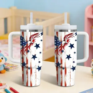 Vintage American Eagle Vacuum Flasks 40oz Stainless Steel Vacuum Insulated Tumbler with Handle and Straw - Leak Resistant Travel Coffee Mug - Keeps Cold for 24 Hours - Cupholder Friendly Water Cup for Gym and Office