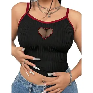 Women's Plus Size Heart Mesh Cut Out Cami Top Ribbed Knit Slim Fit Crop Tops Casual Summer Camisole