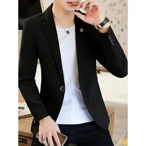 Elegant Men's Slim Fit Blazer - Casual British Style, Solid Black Polyester Suit Jacket with Geometric Pattern, Perfect for Fall/Winter, Dry Clean Only