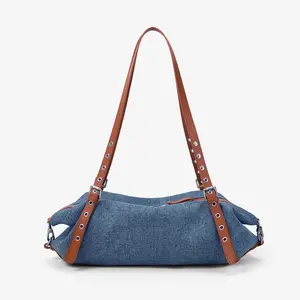 Vintage Cowhide Denim Studded Pillow Bag Motorcycle Hobo Shoulder Handbag for Women Trendy Retro Y2k
