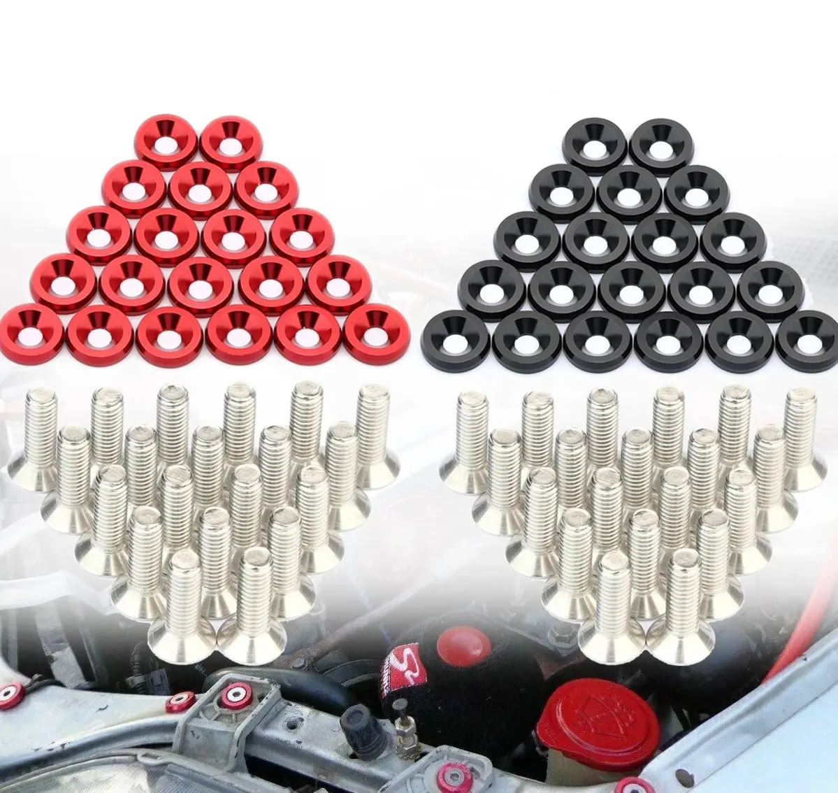 40PCS JDM Billet Aluminum Fender Bumper Washer Bolt Engine Bay Dress Up Kit Black + Red