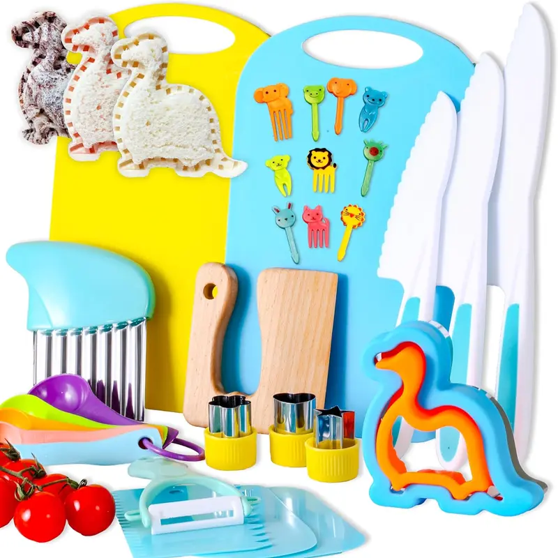 CAROLART 29-Piece Toddler Wooden Mini Kitchen Pretend Play Set - BPA-Free Wood & PP Montessori Toys, Kid-Safe Polypropylene Knives, 1 Cutting Board, 1 Crinkle Cutter, Measure & Mix Wooden Kitchen Utensils for 6-8 Years Kids