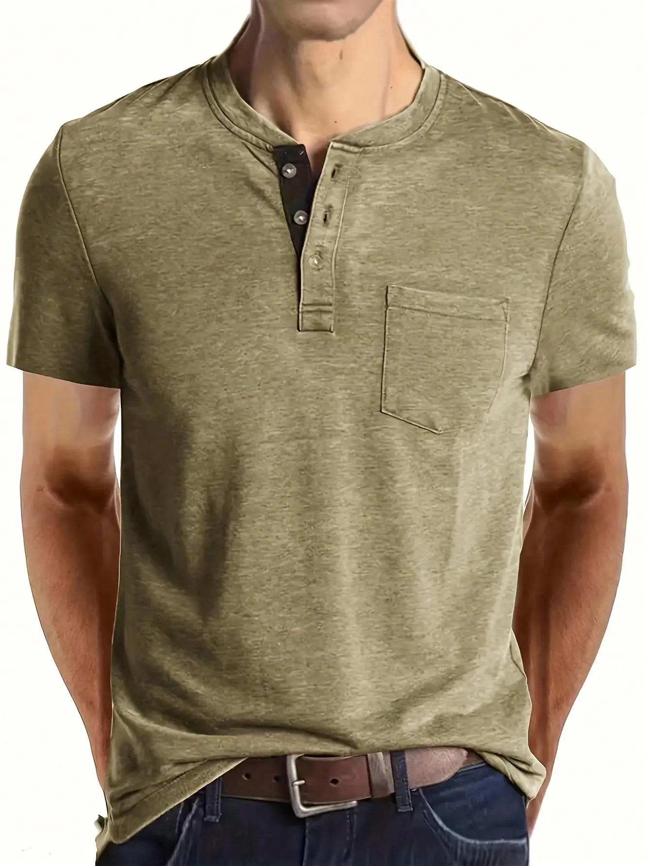 Men's Classic Short-Sleeve Henley T-Shirt - Slim-Fit, Plain, Longline Beige Athletic Tee with Button Detail for Casual Streetwear Outfits