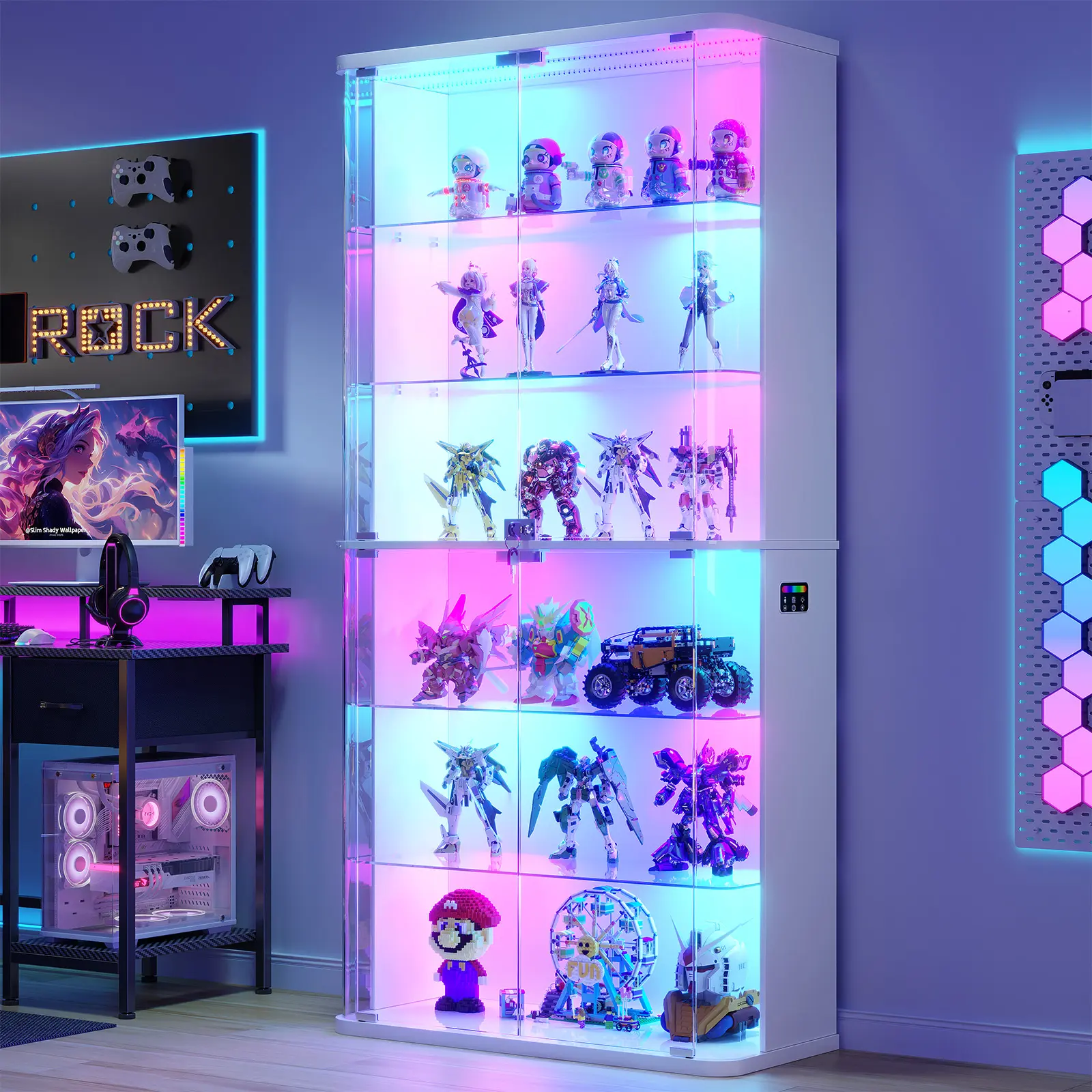71" Tall Display Cabinet with Glass Doors, Rounded Curio Cabinet with Motion Sensor RGB Lights, 6-Tier Lockable Display Case for Collectibles & Action Figures, Trophy Case for Living Room