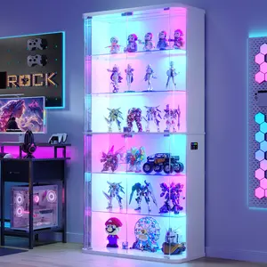 71" Tall Display Cabinet with Glass Doors, Rounded Curio Cabinet with Motion Sensor RGB Lights, 6-Tier Lockable Display Case for Collectibles & Action Figures, Trophy Case for Living Room