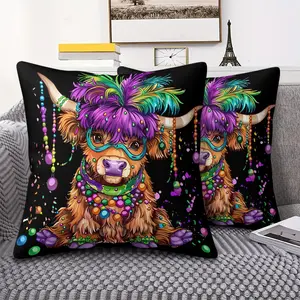 Whimsical Highland Cow Throw Pillow with Digital Print, Fluffy Brown Cow in Vibrant Purple Feathered Headpiece, Colorful Beaded Necklaces, and Goggle Glasses, Festive Decor, 45cm Square Cushion for Sofa & Bed. Includes Pillow Insert