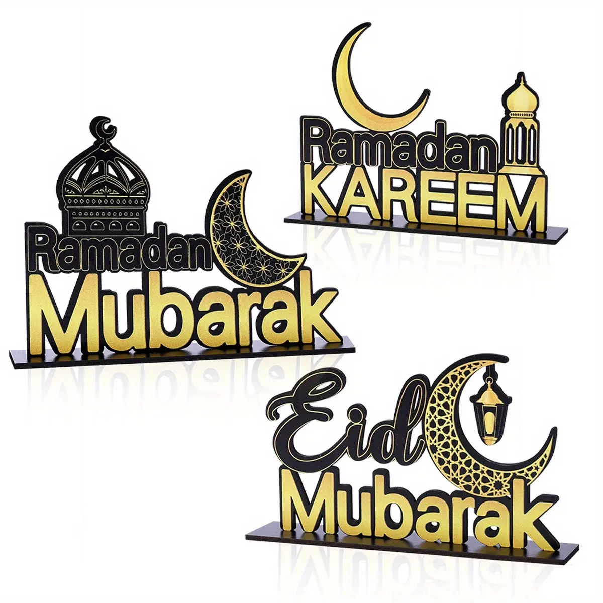 Happy Ramadan Eid al Fitr Wooden Table Decoration - Black and Gold Islamic Calligraphy with Crescent&Lantern Patterns, Home and Office Desktop Decoration, Ramadan Party Decoration