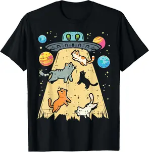 100% Cotton Alien Abduction Cats UFO Flying Saucer Space Women T-Shirt