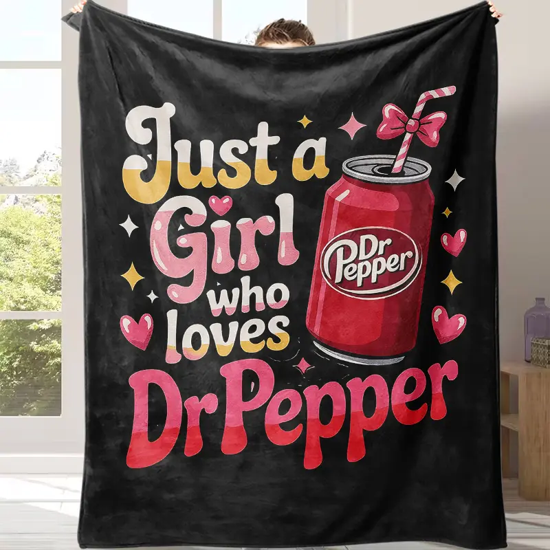 Sweet Heart Star Accents Beverage Can Design Decorative Throw Blanket, Girly Retro Dr Pepper Soda Quote Flannel Blanket, Lightweight Cozy Blanket For Couch Office Travel, Perfect Present For Soda Enthusiasts Casual Home Decor For Her