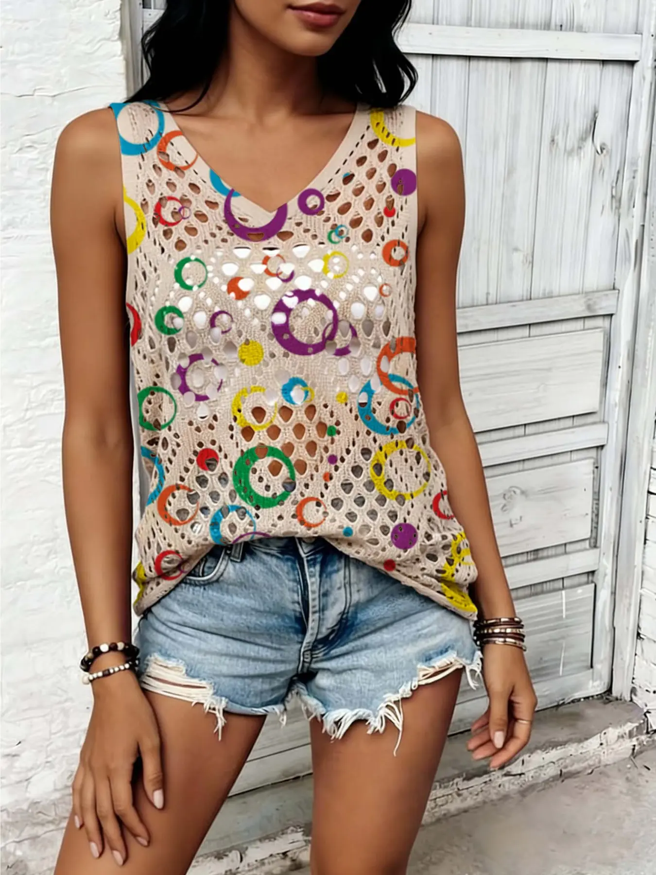 Women's New V-Neck Sleeveless Sweater Vest, All over Circle Print Hollow Out Knitted Cardigan, Casual Loose-Fitting Top