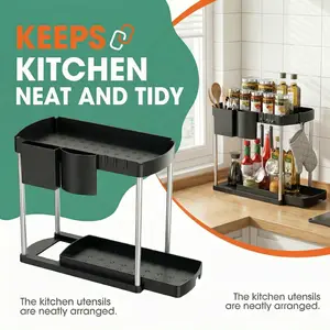 Kitchen Counter Organizer Multi Tier Storage Rack with Utensil Holder Hooks and Drain Tray Space Saving Desktop Shelf for Kitchen Bathroom Office Neat and Tidy Countertop Organization Spice Bottle Storage Stand Home Decor Solution