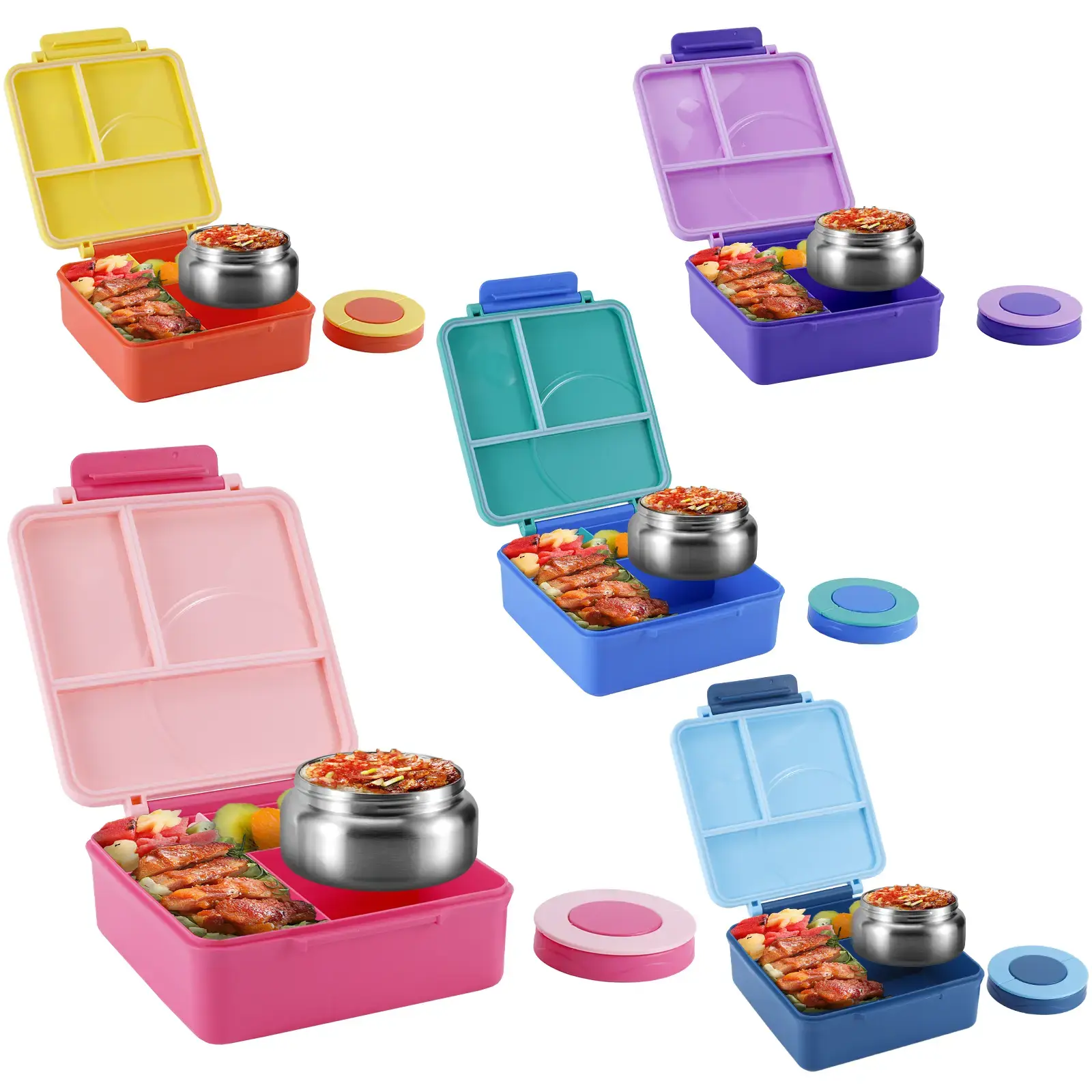 Compact Leakproof Insulated Freezeable American Kids' Lunch Box - 4-Compartment Portable Bento Box Lunch with Stainless Steel Container, Silicone & Plastic Tableware, Sturdy Nontoxic Kitchenware Set