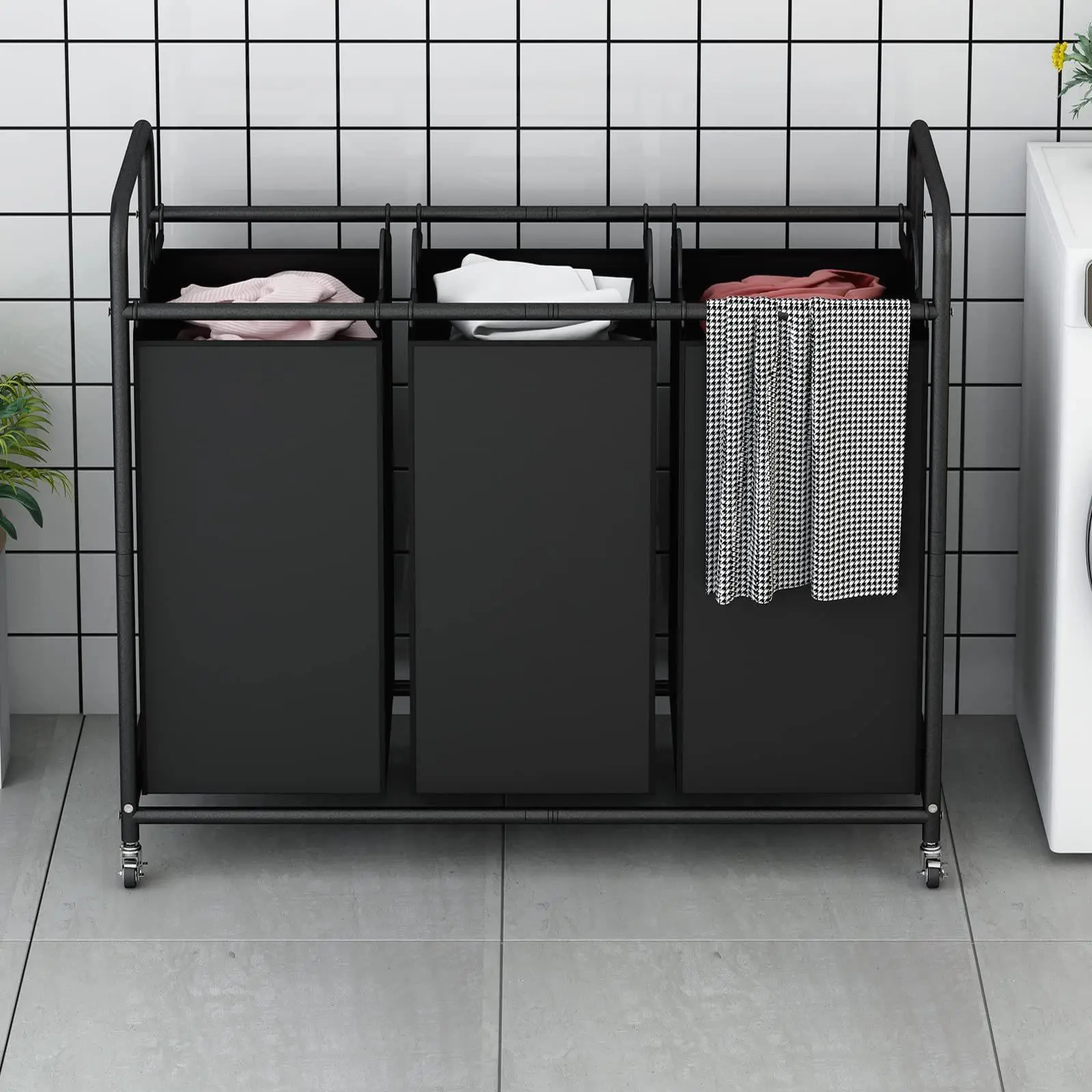 Laundry Basket 3-Bag Sorter 63.4gal Laundry Home Decor Hamper Cart With Heavy Duty Rolling Lockable Wheels And Removable Bags Included For Bedroom, Laundry Room - Sturdy Fabric Storage Bin, Laundry Baskets