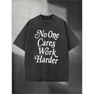 210G Washed T-Shirt with Bold White Cursive Font Print 'No One Cares Work Harder' Centered on Chest. Oversized Crew Neck Streetwear Aesthetic, Vintage Acid-Washed Fabric. Short Sleeve Casual Top, Motivational Graphic Design, Soft Breathable
