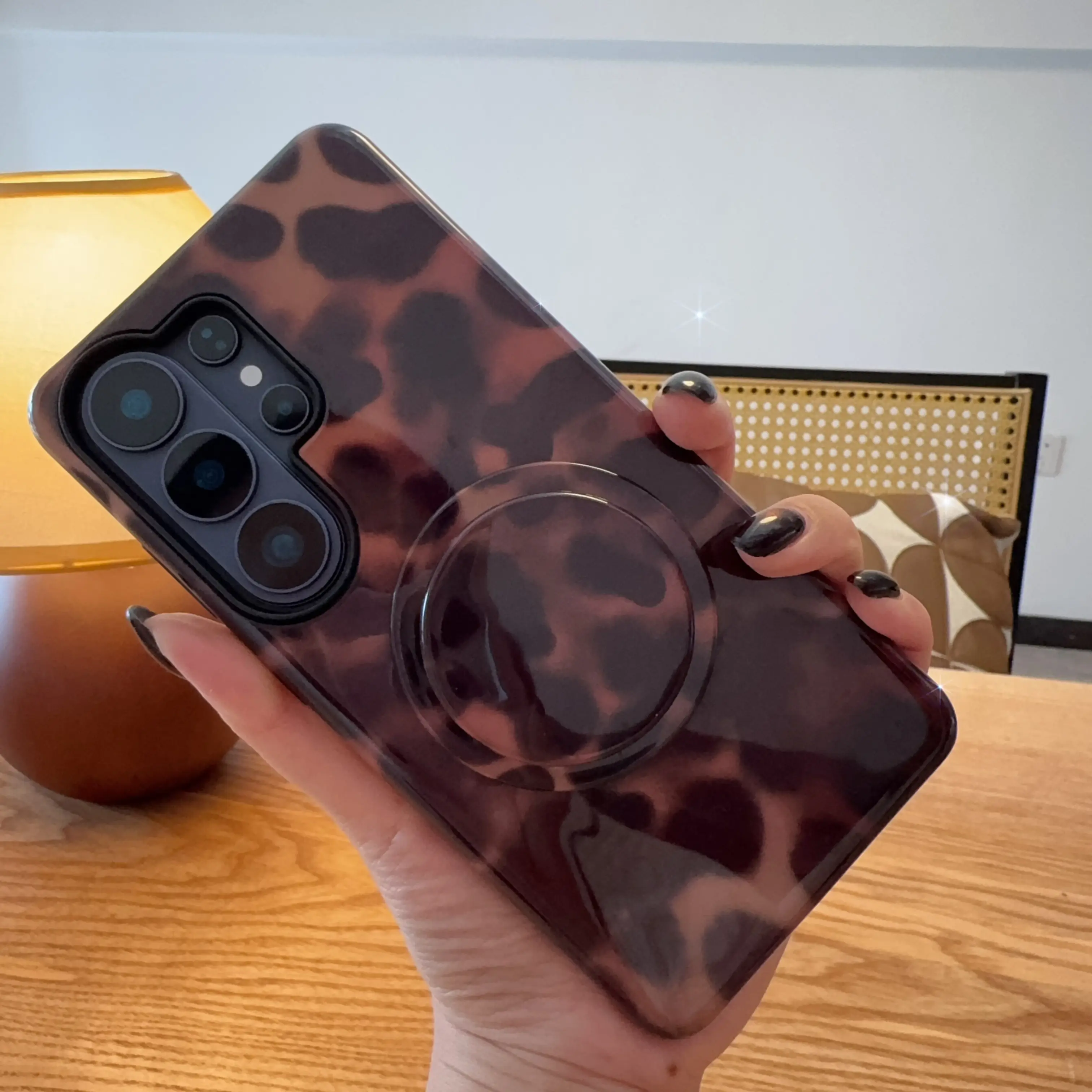 Aivona High-End Magnetic Brown Leopard Smartphone Casing with Integrated Stand for Women - Samsung 26/25/24/23/22/21 Ultra Compatible, Essential Protection Accessory for Cellphones, Magnetic Closure