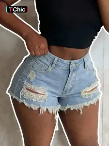 Women's Button Fly Distressed High Waist Fit Denim Shorts, Casual Fashion Ripped Short Jeans for Daily Wear Everyday, Ladies Bottoms for Summer
