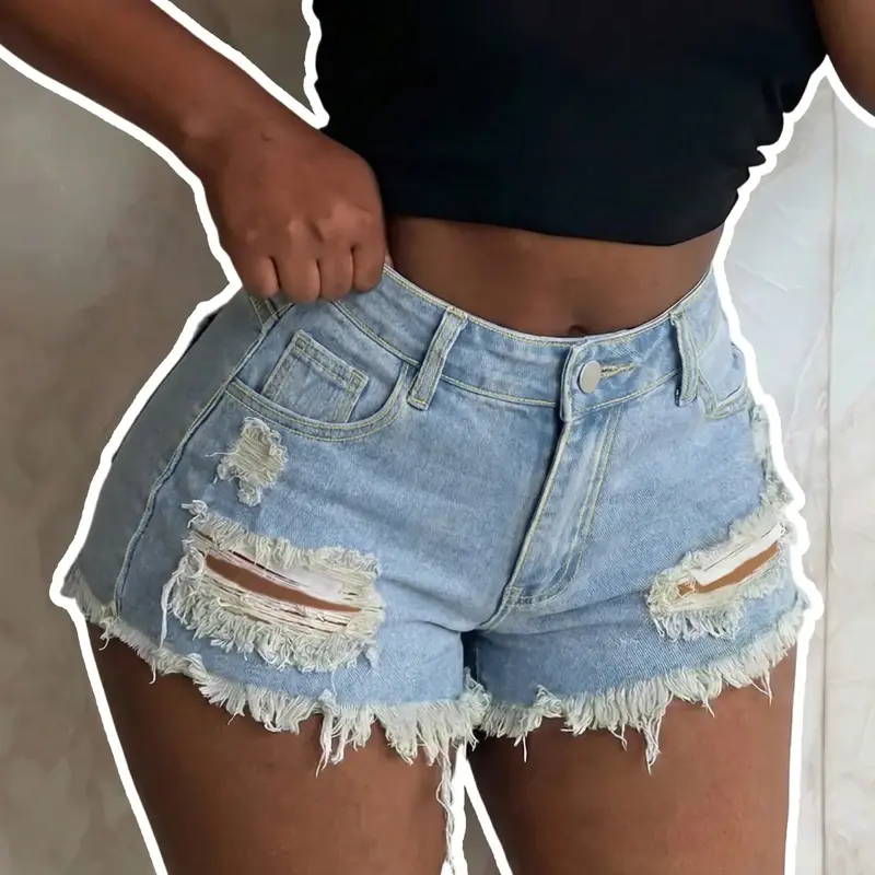 Women's Button Fly Distressed High Waist Fit Denim Shorts, Casual Beach Fashion Ripped Short Jeans for Daily Wear Everyday, Ladies Bottoms for Summer Frayed Denim Short Frayed Hem Shorts Chic Shorts