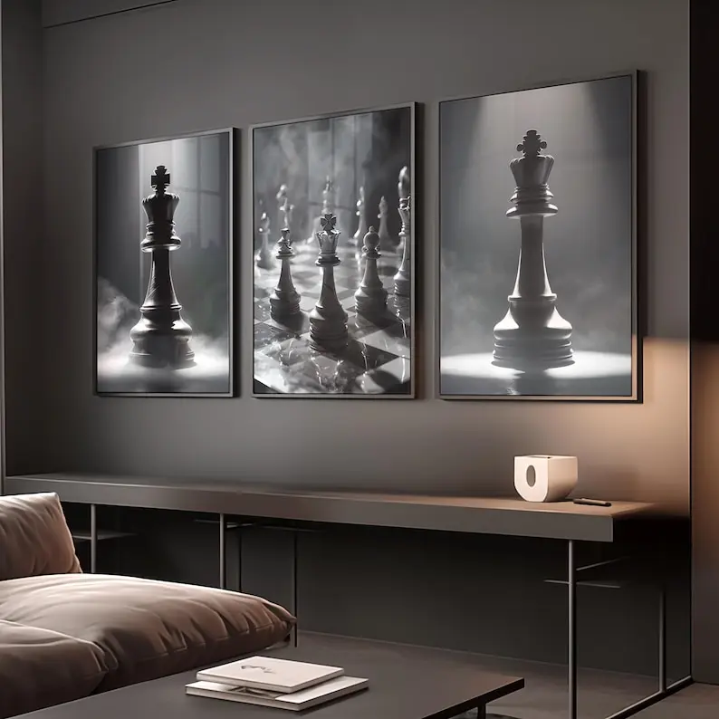 Chess Wall Art Dark  Set of 3, King Queen Chess Board Wall Print