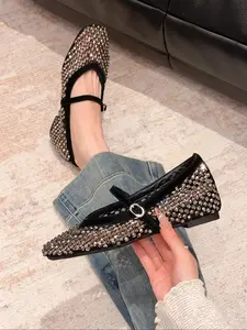 Sexy Hollow Out Mesh Draped Elevator Fairy Style Square Toe Strap Flat Shoes, Elegant Inner Heightening Single Shoe for Spring & Fall