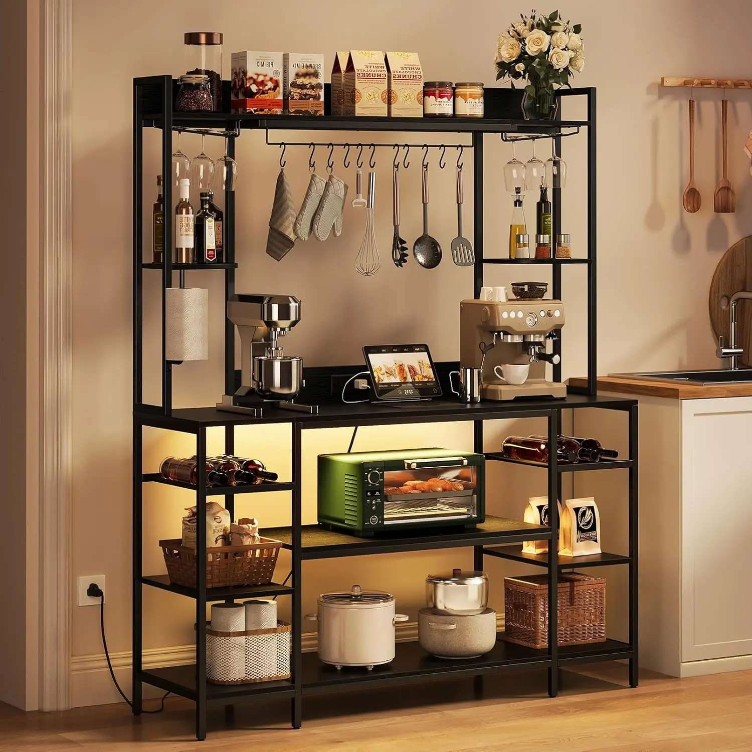 Large Bakers Rack with LED Lights & Power Outlet, 55" Wide Microwave Stand with Storage Shelves, 6-Tier Kitchen Racks and Shelves, Wine Glass Holder, 11 Hooks with App Control