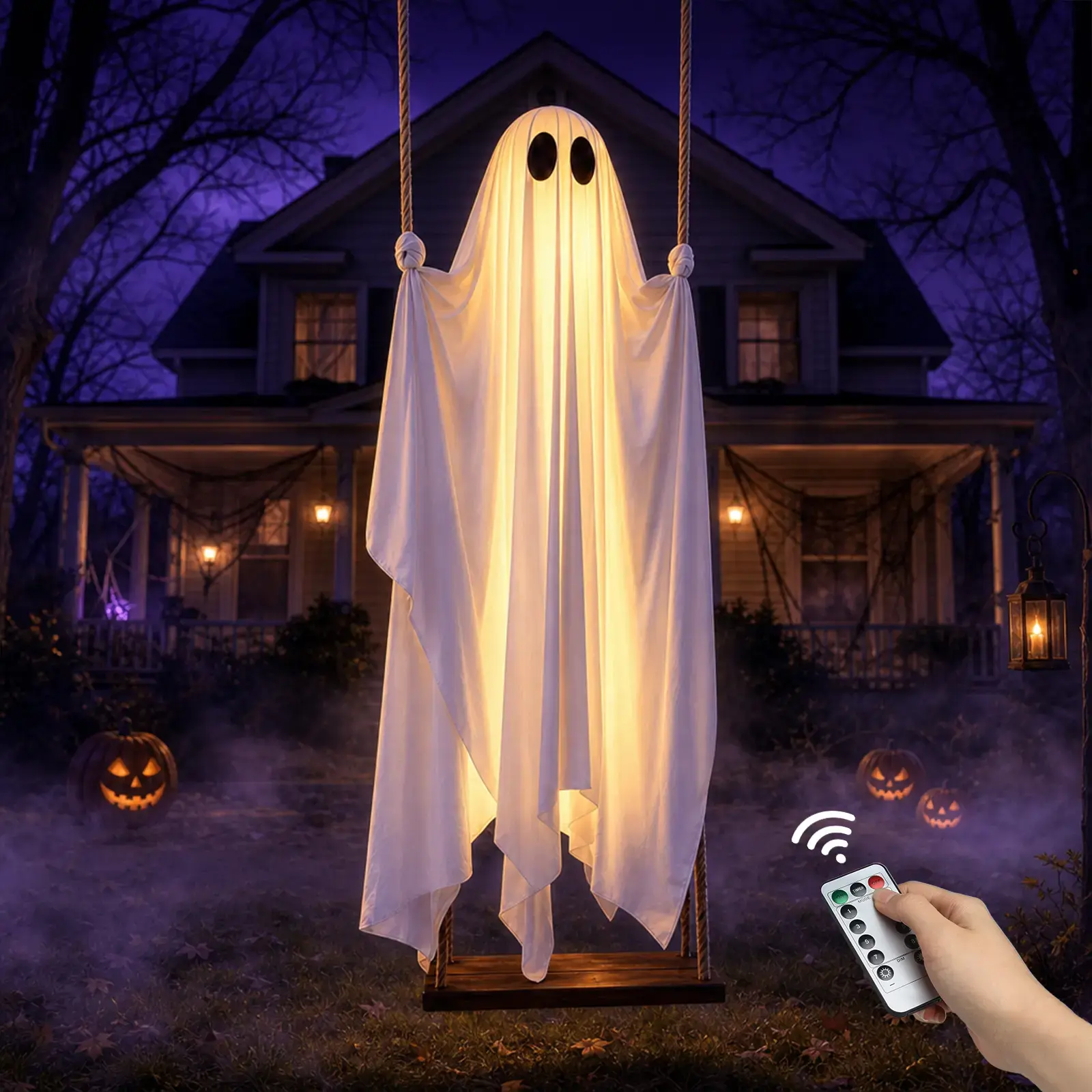 Halloween Decorations Outdoor - Large Hanging Ghost Swing with Remote Control String Lights, Scary Ghost Halloween Party Decor Outside for Tree Porch Yard Garden Lawn Ornaments halloween spooky decor