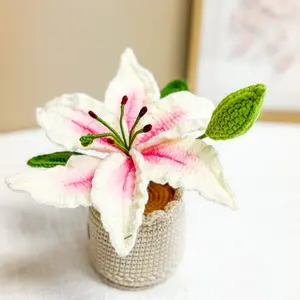 Handmade Crochet White Lily in Pot – Mini Crochet Flower in Pot — Elegant Floral Decor & Thoughtful Gift