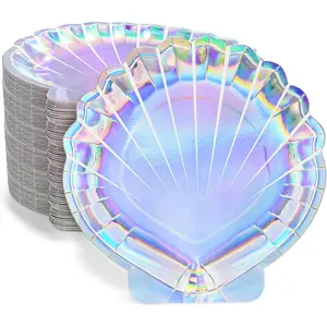 100 Pieces Mermaid Paper Plates, 9 Inch Seashell Plates for Party, Shell Shaped Disposable Iridescent Containers for Holographic Party Supplies for Birthday Baby Shower Decor