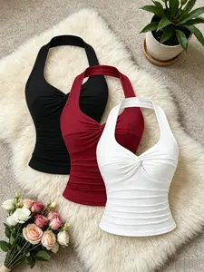 Women's Summer Slim-Fit Three-Piece Set, Halter Neck Sleeveless Casual Top with Twist Design, Waist-Curling Wrinkled Blouse