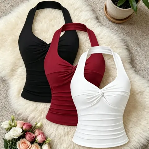 Women's Summer Slim-Fit Three-Piece Set, Halter Neck Sleeveless Everyday Top with Twist Design, Waist-Curling Wrinkled Blouse