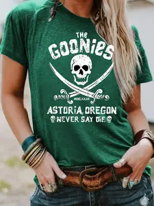 Women's Skull & Cross Swords Print Round Neck Tee, Vintage Trendy Casual Short Sleeve T-shirt for Daily Wear, Ladies Summer, Casual Comfy Tee, Top